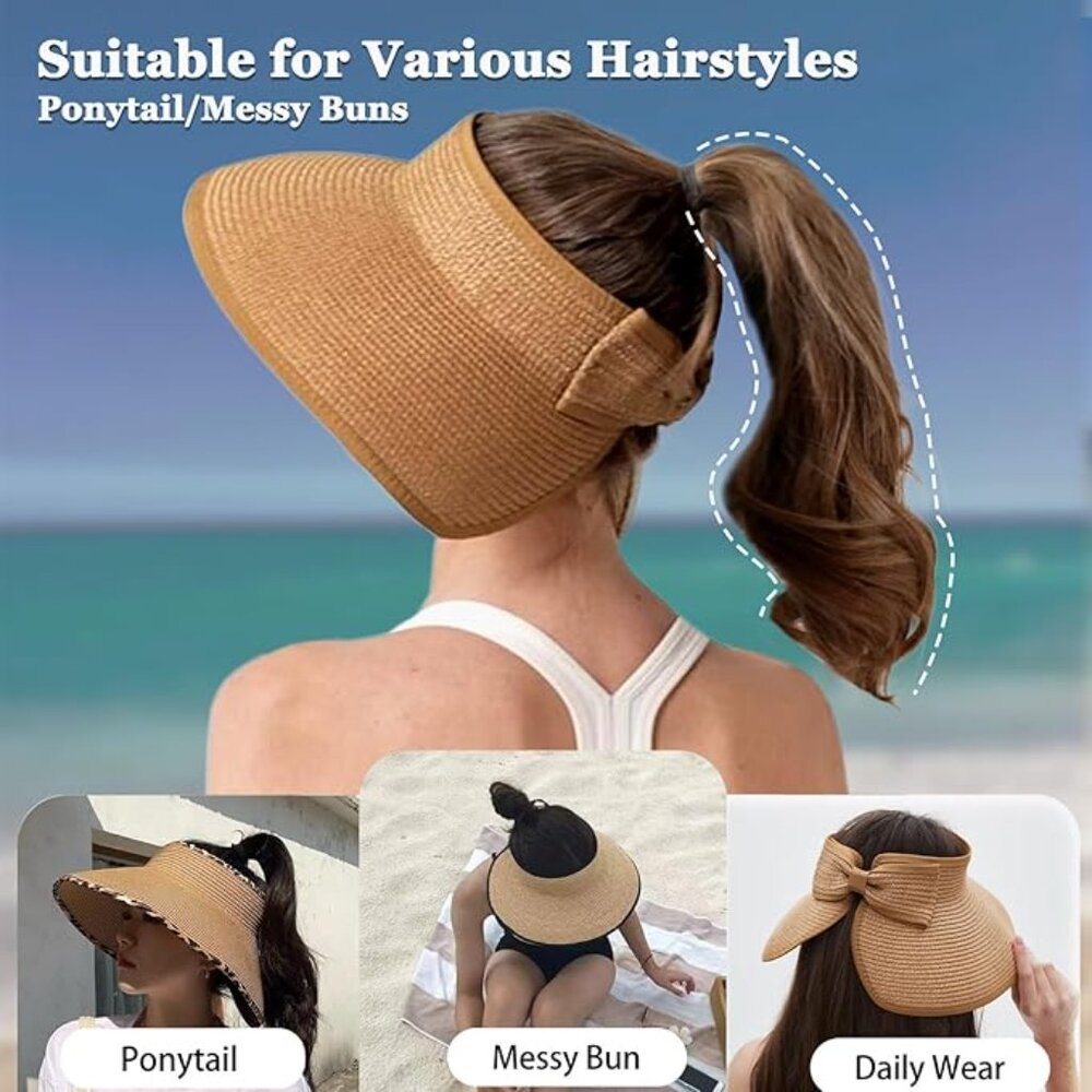 Women's SunVisor Hats Wide Brim Straw Beach Hat Ponytail Hats for Women Foldable - Picture 3 of 3